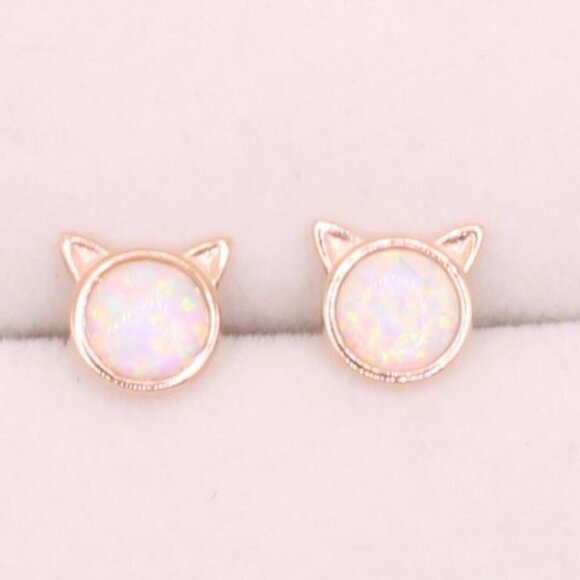 925 Sterling Silver Rose Gold Opal Kitty Cat Stud Earrings - Picture 4 of 5